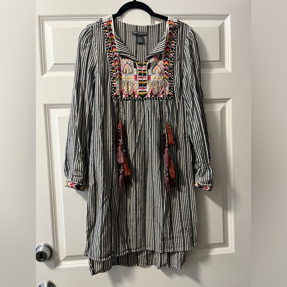 Chelsea & Theodore Blue White Embroidered Tassel Dress Small